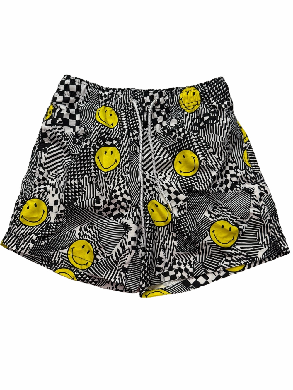 Novamen Black White Graphic Shorts Yellow Smiley Faces Elastic Waist Drawstrings